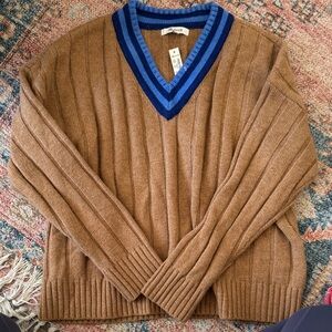Madewell Varisty Brown V-Neck Sweater with Blue Trim